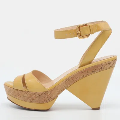 Pre-owned Prada Size 36 Yellow Patent Leather Wedge Ankle Strap Sandals