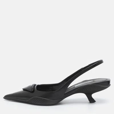 Pre-owned Prada Size 36.5 Black Brushed Leather Slingback Pumps