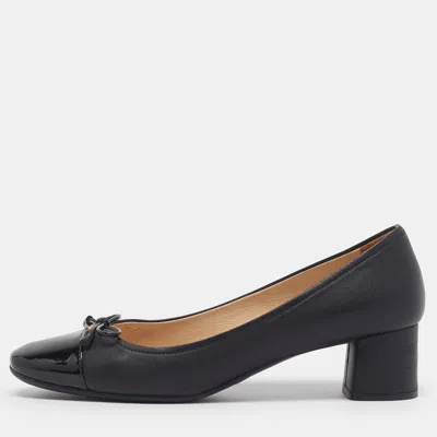 Pre-owned Prada Size 36.5 Black Leather And Patent Leather Bow Block Heel Pumps