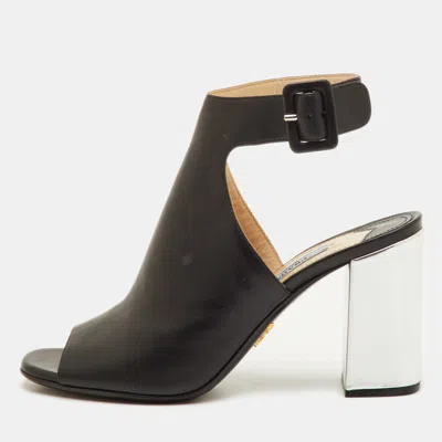 Pre-owned Prada Size 36.5 Black Leather Open Toe Ankle Strap Sandals