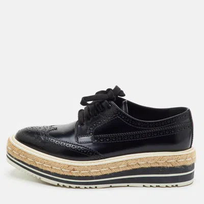 Pre-owned Prada Size 36.5 Black Leather Platform Lace Up Brogue Derby
