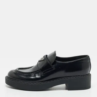 Pre-owned Prada Size 36.5 Black Leather Triangle Logo Plague Slip On Loafers