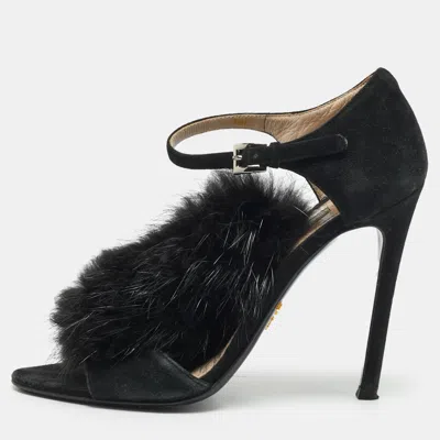 Pre-owned Prada Size 36.5 Black Mink Fur And Suede Ankle Strap Sandals