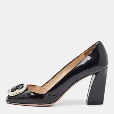 Pre-owned Prada Size 36.5 Black Patent Leather Block Heel Pumps