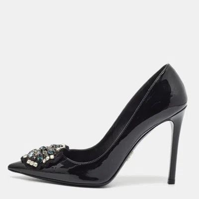 Pre-owned Prada Size 36.5 Black Patent Leather Crystal Embellished Pumps