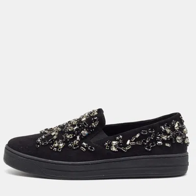 Pre-owned Prada Size 36.5 Black Suede Crystal Embellished Slip On Sneakers
