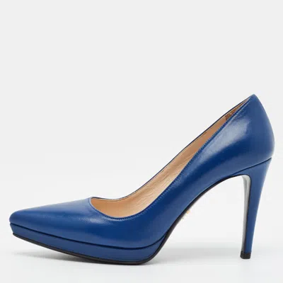 Pre-owned Prada Size 36.5 Blue Leather Pointed Toe Platform Pumps