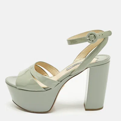 Pre-owned Prada Size 36.5 Blue Patent Leather Platform Ankle Strap Sandals