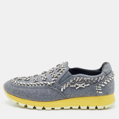 Pre-owned Prada Size 36.5 Grey Fabric Crystal Embellished Slip On Sneakers In Gray