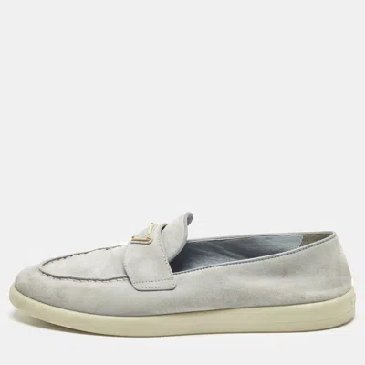 Pre-owned Prada Size 36.5 Light Grey Suede Logo Slip On Loafers In Gray