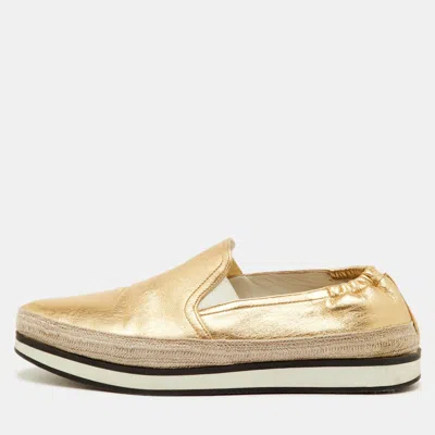 Pre-owned Prada Size 36.5 Metallic Gold Leather Espadrille Slip On Sneakers