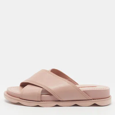 Pre-owned Prada Size 36.5 Pink Leather Crisscross Flat Slide