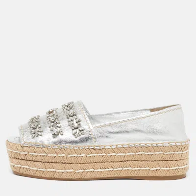 Pre-owned Prada Size 36.5 Silver Leather Crystal Embellished Peep Toe Platform Espadrille