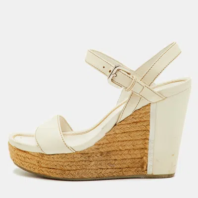 Pre-owned Prada Size 36.5 White Leather Ankle Strap Platform Wedge Sandals