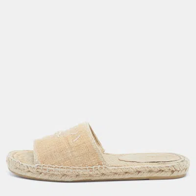 Pre-owned Prada Size 37 Beige Canvas Logo Espadrille Slide Flats In Sand
