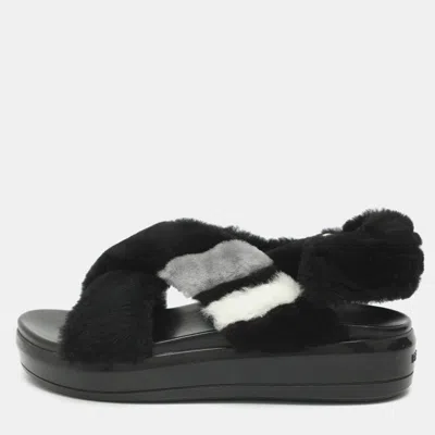 Pre-owned Prada Size 37 Black Faux Fur Criss Cross Strap Flat Sandals