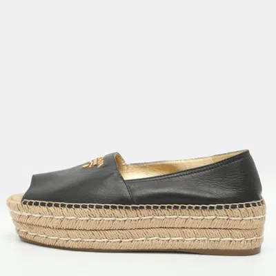 Pre-owned Prada Size 37 Black Leather Platform Espadrille Flats