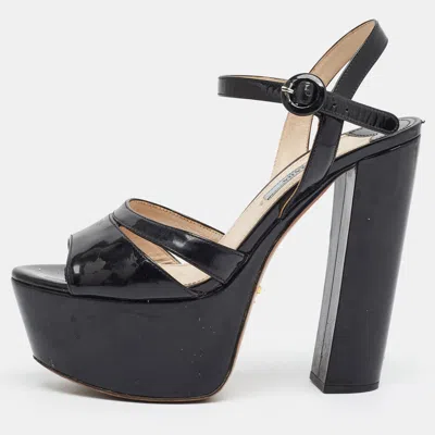 Pre-owned Prada Size 37 Black Patent Leather Platform Ankle Strap Sandals