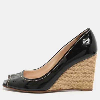 Pre-owned Prada Size 37 Black Patent Leather Wedge Espadrilles Peep Toe Pumps