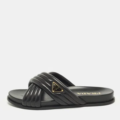 Pre-owned Prada Size 37 Black Quilted Leather Cross-criss Flat Slide