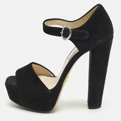 Pre-owned Prada Size 37 Black Suede Ankle Strap Sandals