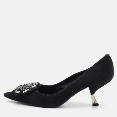 Pre-owned Prada Size 37 Black Suede Crystal Embellished Pointed Toe Pumps
