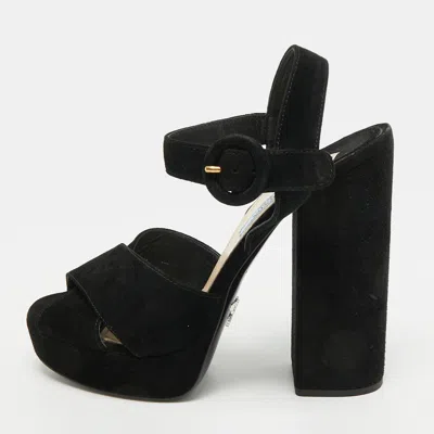 Pre-owned Prada Size 37 Black Suede Platform Ankle Strap Pumps