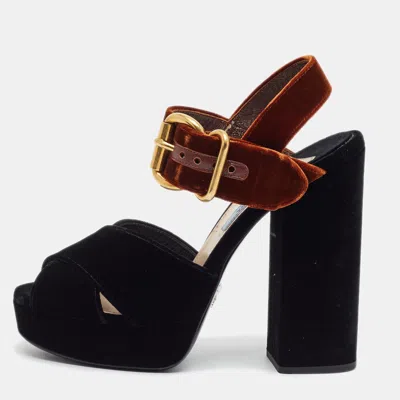 Pre-owned Prada Size 37 Black/brown Velvet Platform Ankle Strap Sandals