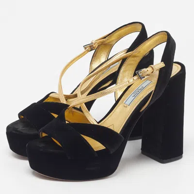 Pre-owned Prada Size 37 Black/gold Suede And Velvet Ankle Strap Pumps