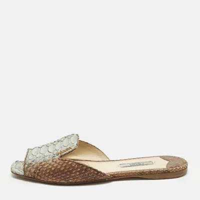 Pre-owned Prada Size 37 Blue/brown Python Leather Flat Slides