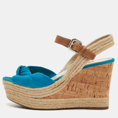 Pre-owned Prada Size 37 Blue/brown Suede And Leather Cork Espadrille Platform Wedge Sandals