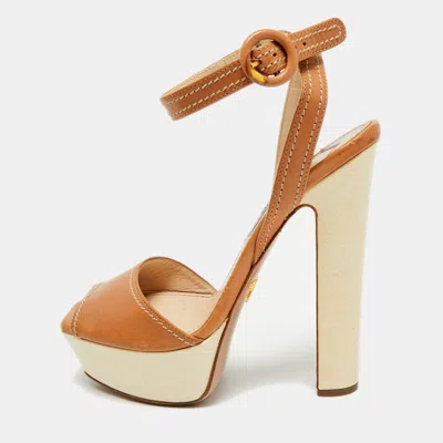 Pre-owned Prada Size 37 Brown/white Leather Platform Ankle Strap Sandals