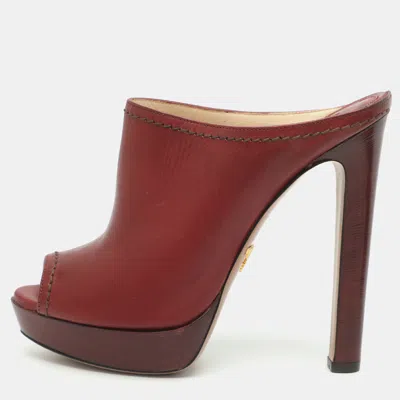 Pre-owned Prada Size 37 Burgundy Leather Peep Toe Platform Mules In Red