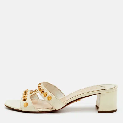 Pre-owned Prada Size 37 Cream Patent Leather Studded Slide Sandals In White