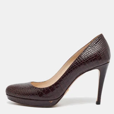 Pre-owned Prada Size 37 Dark Brown Croc Embossed Leather Platform Pumps