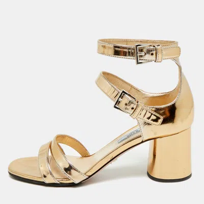 Pre-owned Prada Size 37 Gold Leather Ankle Strap Sandals