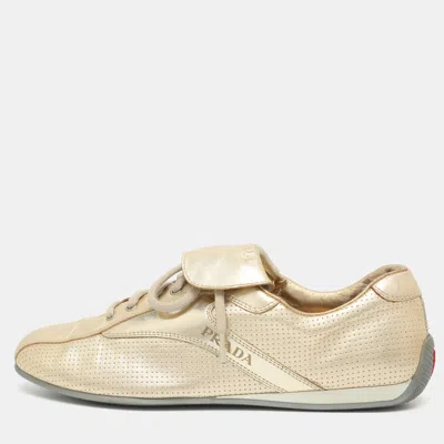 Pre-owned Prada Size 37 Gold Perforated Leather Low Top Sneakers