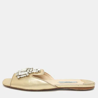 Pre-owned Prada Size 37 Gold Saffiano Leather Crystal Embellished Flat Sandals