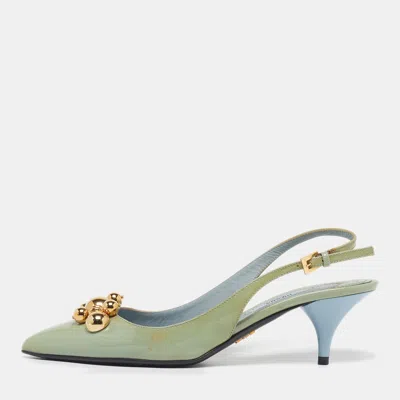 Pre-owned Prada Size 37 Green Patent Leather Embellished Slingback Pumps