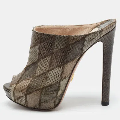 Pre-owned Prada Size 37 Green Python Leather Patchwork Open Toe Mules