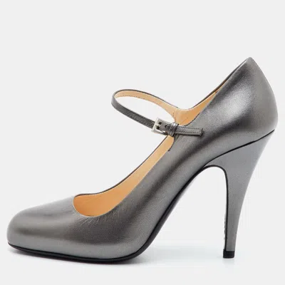 Pre-owned Prada Size 37 Metallic Grey Leather Mary Jane Pumps In Gray