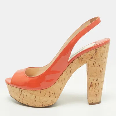 Pre-owned Prada Size 37 Orange Patent Leather Cork Platform Peep Toe Slingback Pumps