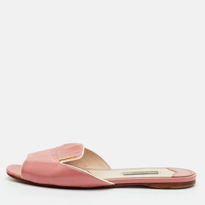 Pre-owned Prada Size 37 Peach Pink Saffiano Leather Flat Slide Sandals