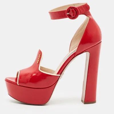 Pre-owned Prada Size 37 Red/white Patent Leather Platform Sandals