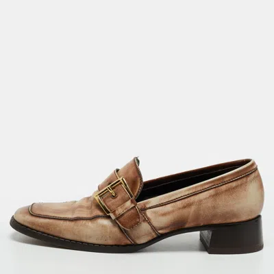 Pre-owned Prada Size 37 Two Tone Leather Buckle Detail Penny Loafers In Brown