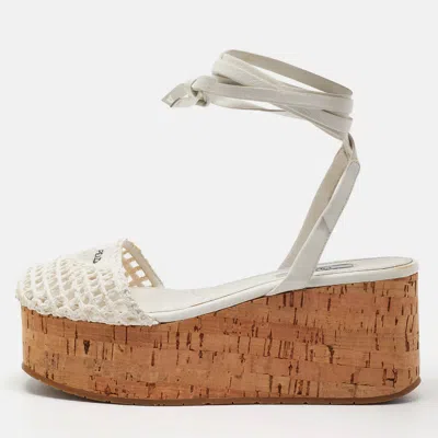 Pre-owned Prada Size 37 White Leather And Raffia Cork Platform Ankle Strap Sandals