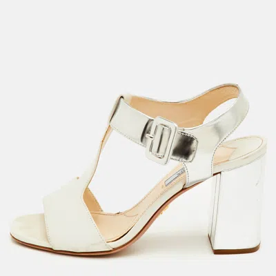 Pre-owned Prada Size 37 White/silver Leather Block Heel T-strap Sandals