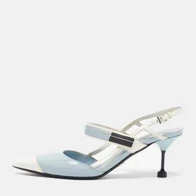 Pre-owned Prada Size 37 White/sky Blue Leather And Rubber Pointed Toe Slingback Pumps