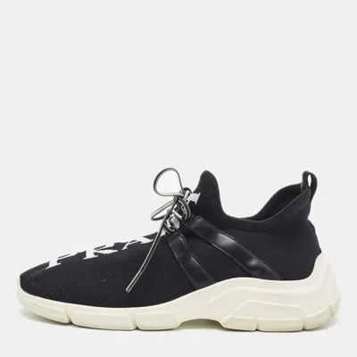 Pre-owned Prada Size 37.5 Black Knit Fabric And Leather Lace Up Sneakers