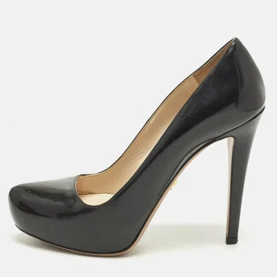 Pre-owned Prada Size 37.5 Black Patent Leather Platform Pumps